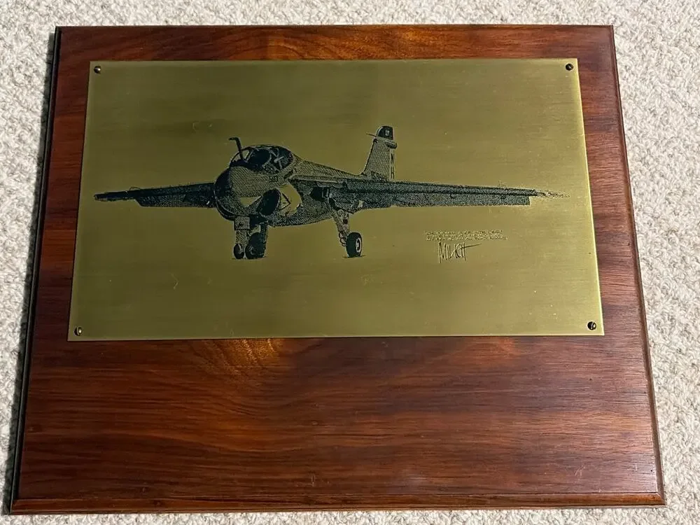Joe Milich Brass Etched Plaque Grumman A-6E Intruder 1982 Mounted Wood